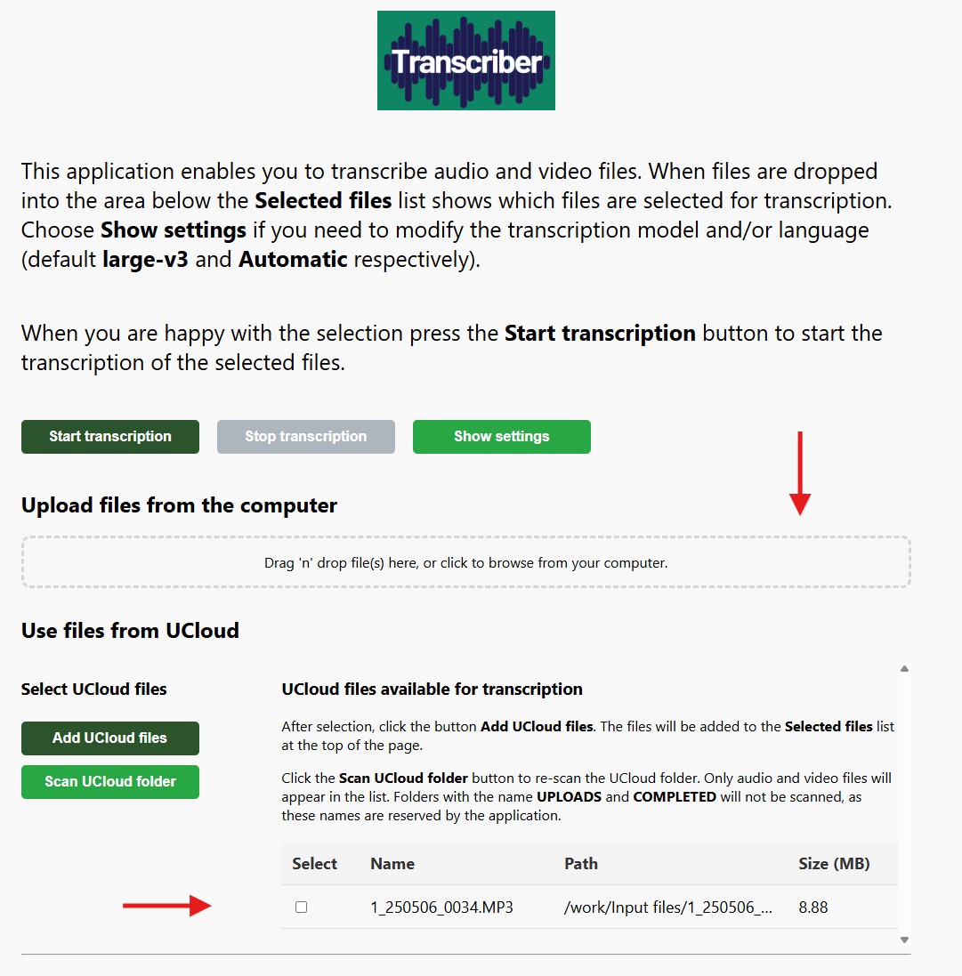 Selecting files to be transcribed