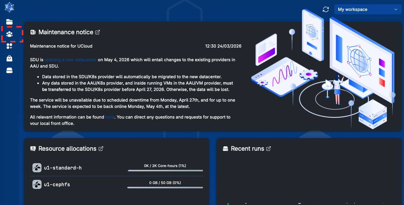 Find the project item in the side menu bar on UCloud