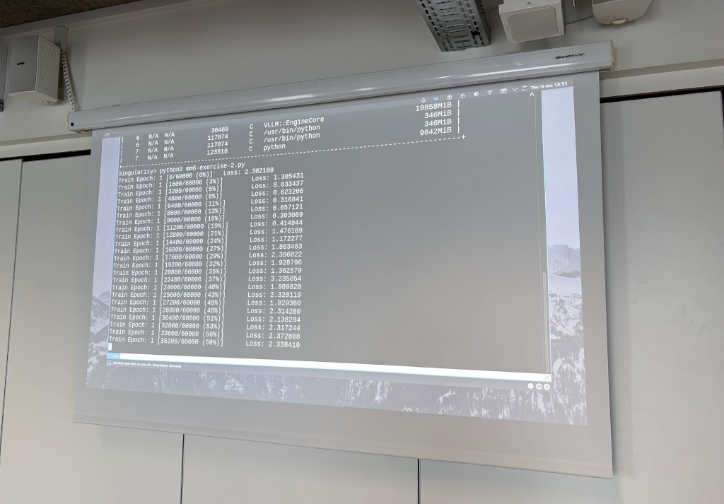 A course exercise training on a GPU, shown on the classroom projector