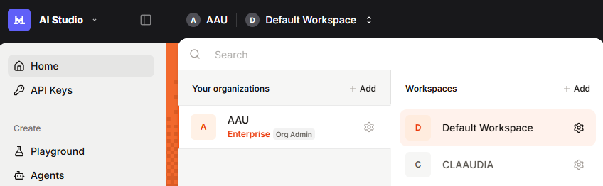 AI Studio workspace selector