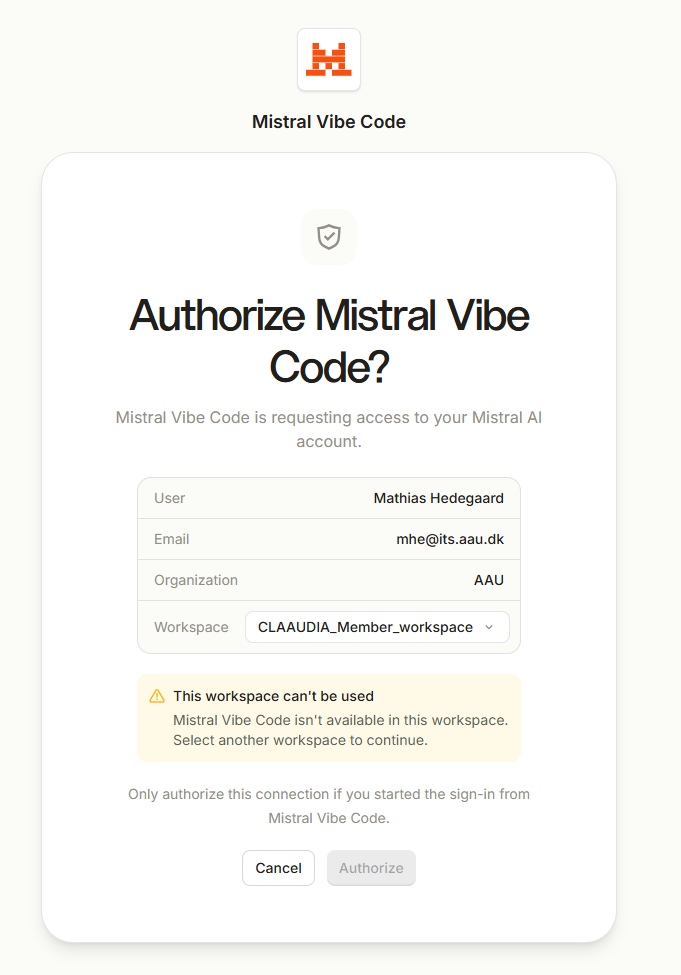 Vibe Code browser authorisation is not available in the AAU workspace