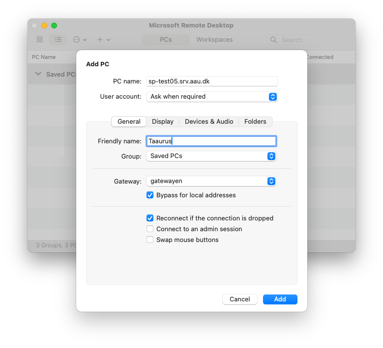 Screenshot of remote desktop add pc